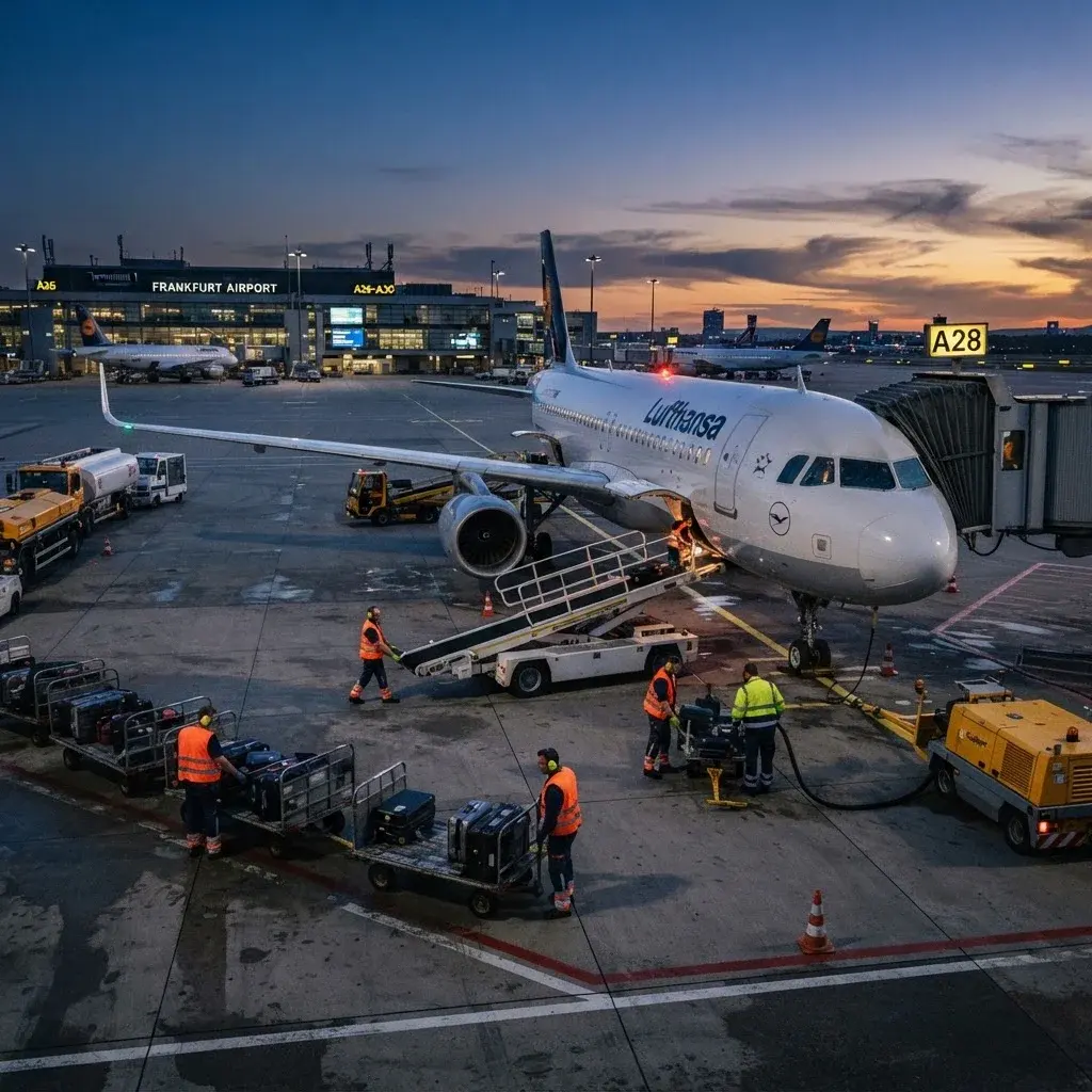 Airport ground handling crew working around an aircraft at dawn