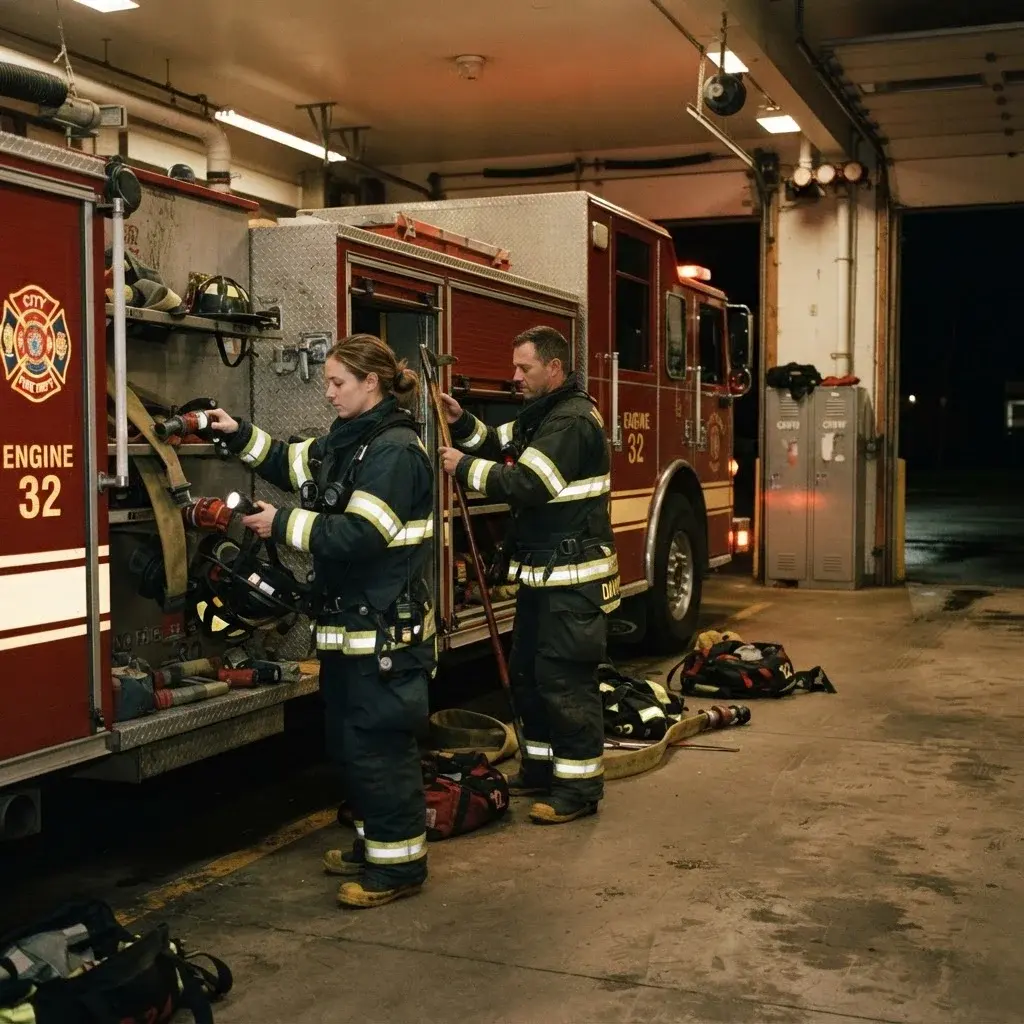 Emergency services crew preparing equipment beside a fire appliance