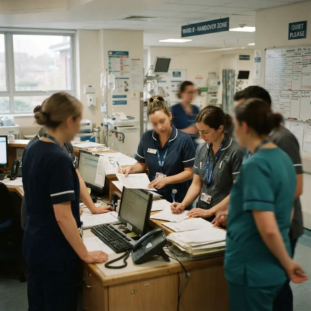 Clinical staff during a shift handover at a nurses station