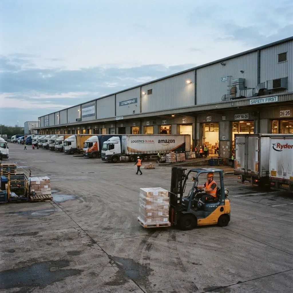 Distribution centre loading dock with trucks at dawn