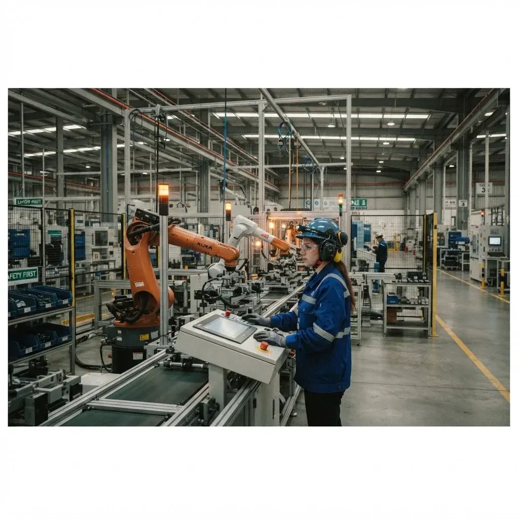Modern manufacturing plant production line with a worker monitoring a station