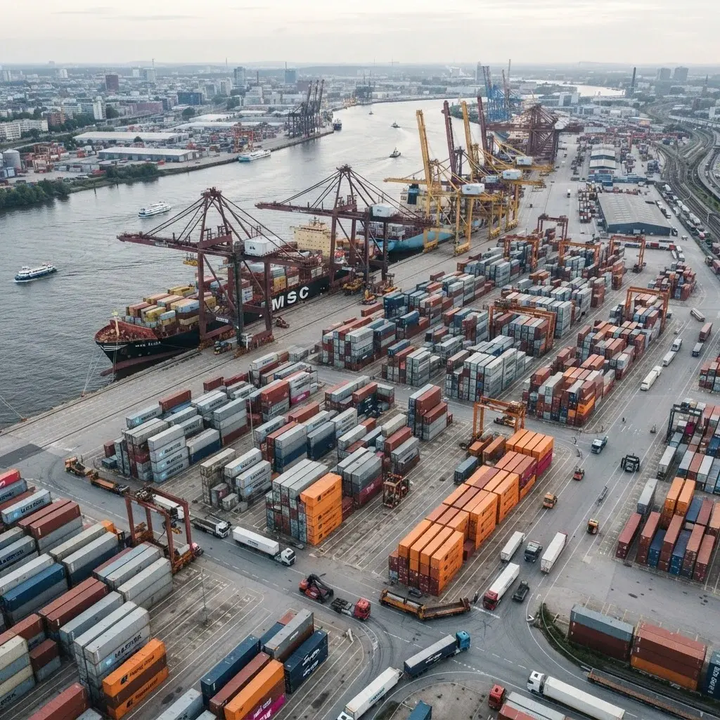 Aerial view of a container port terminal with gantry cranes