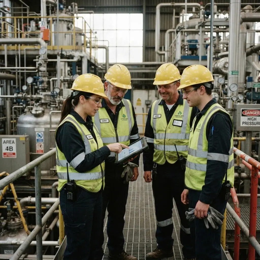 Industrial shift team reviewing the day's plan on a tablet during handover