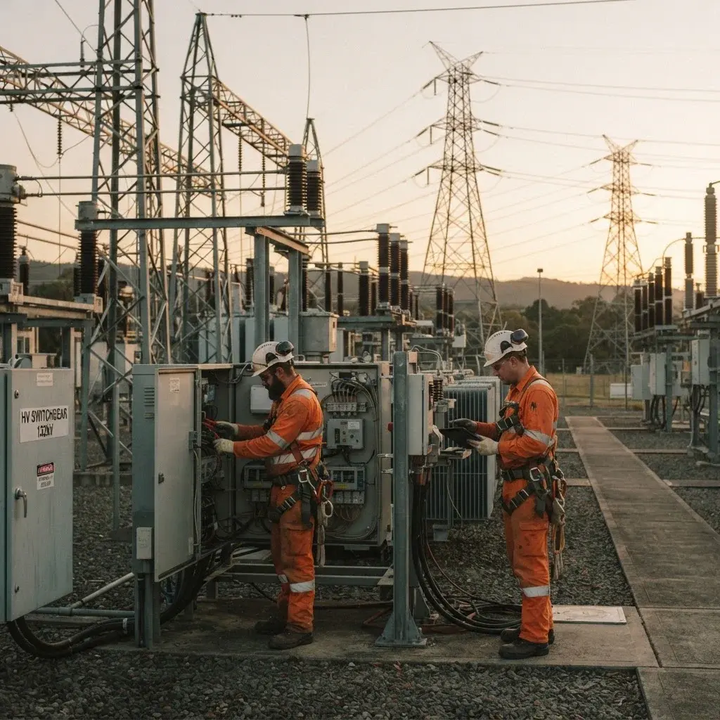 Utility technicians working at an electrical substation at golden hour